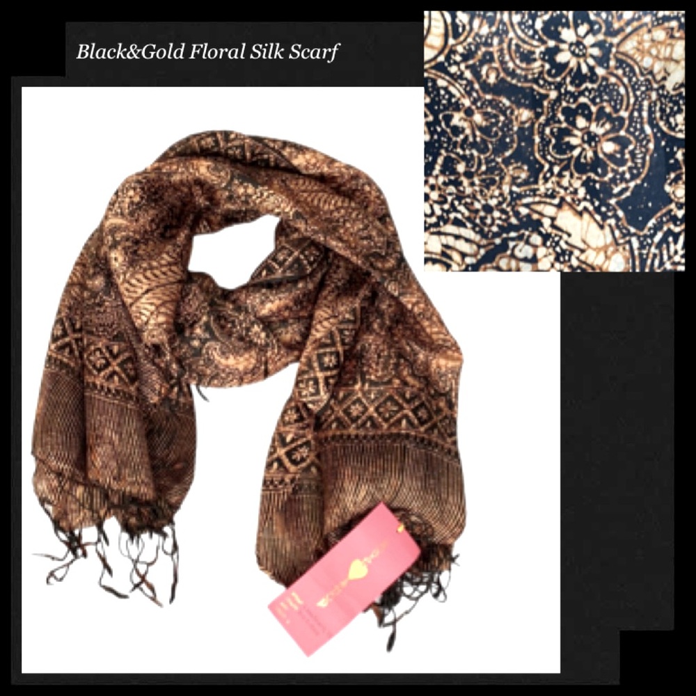 LOVE SHOP 100% Silk Black & Rose Gold Floral Print Scarf with Tassels